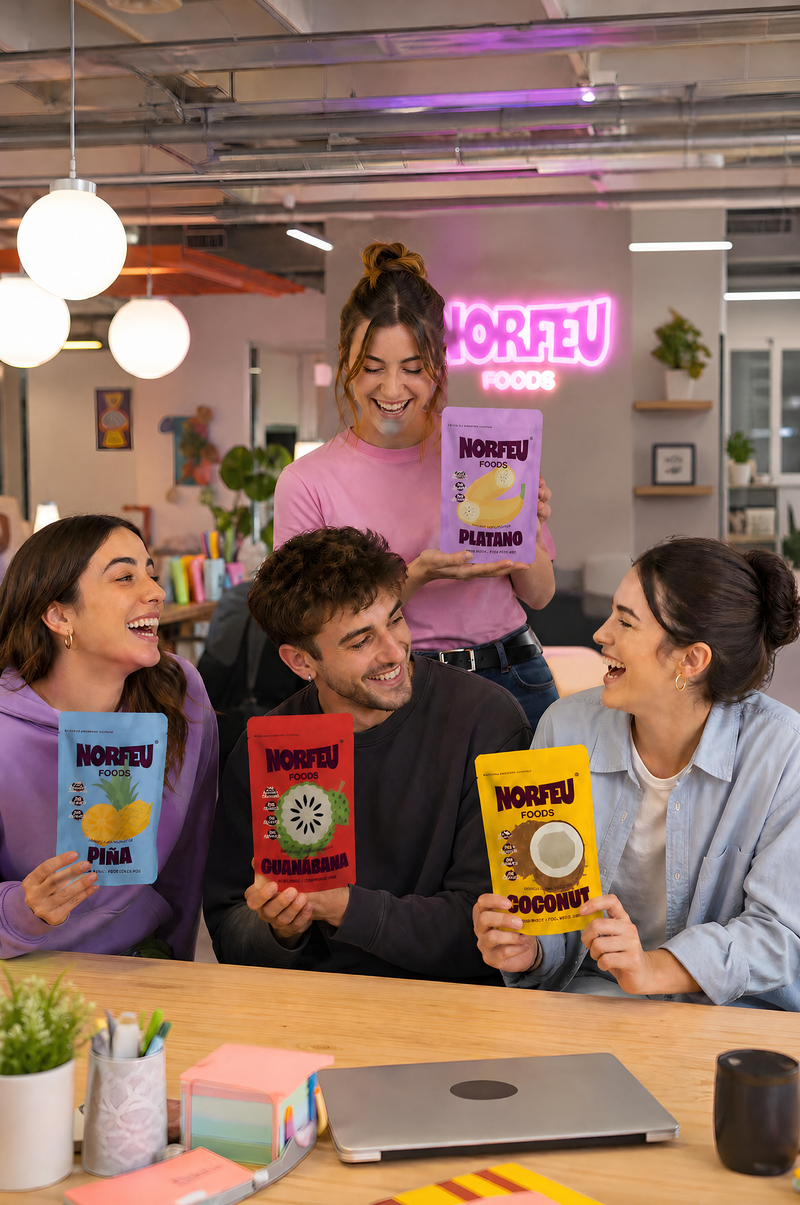 Snack de fruta liofilizada Norfeu Foods, ideal para la oficina